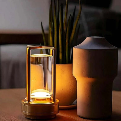 Decorative lamp with a plant and vase on a table