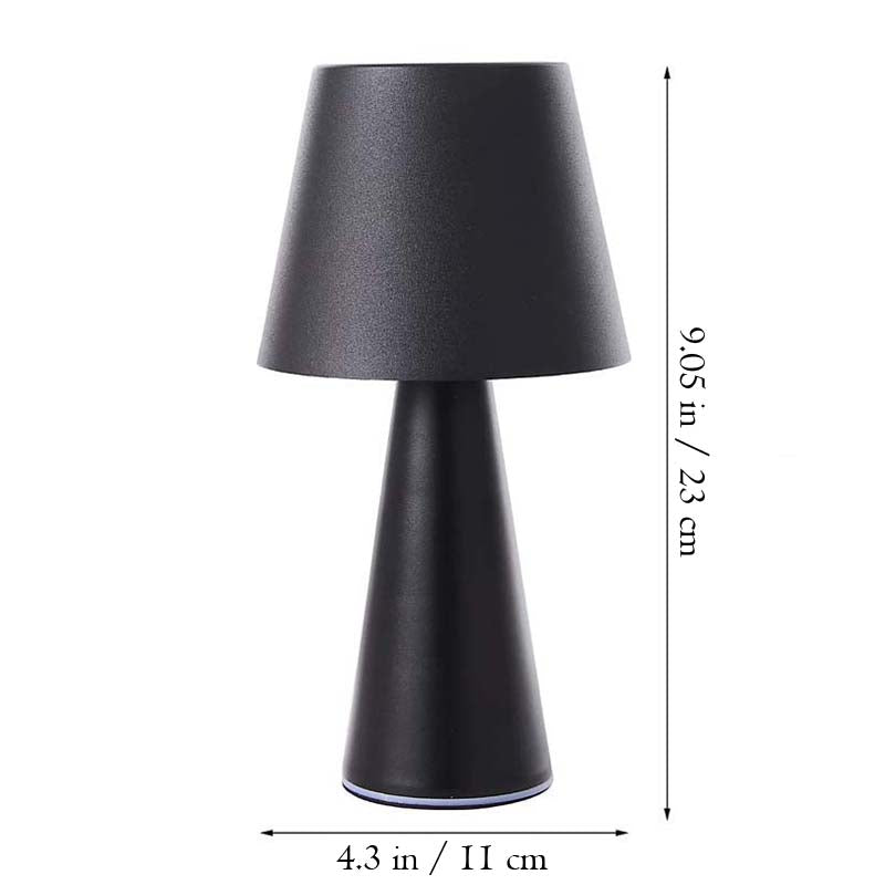 Black table lamp with cone-shaped lampshade on white background with dimensions