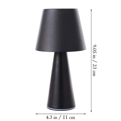 Black table lamp with cone-shaped lampshade on white background with dimensions