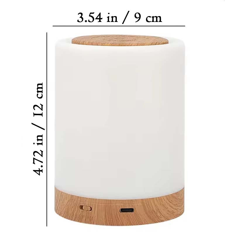White cylindrical Portable Touch Control LED Bedside Night Light with a wooden top and bottom. Dimensions are listed.