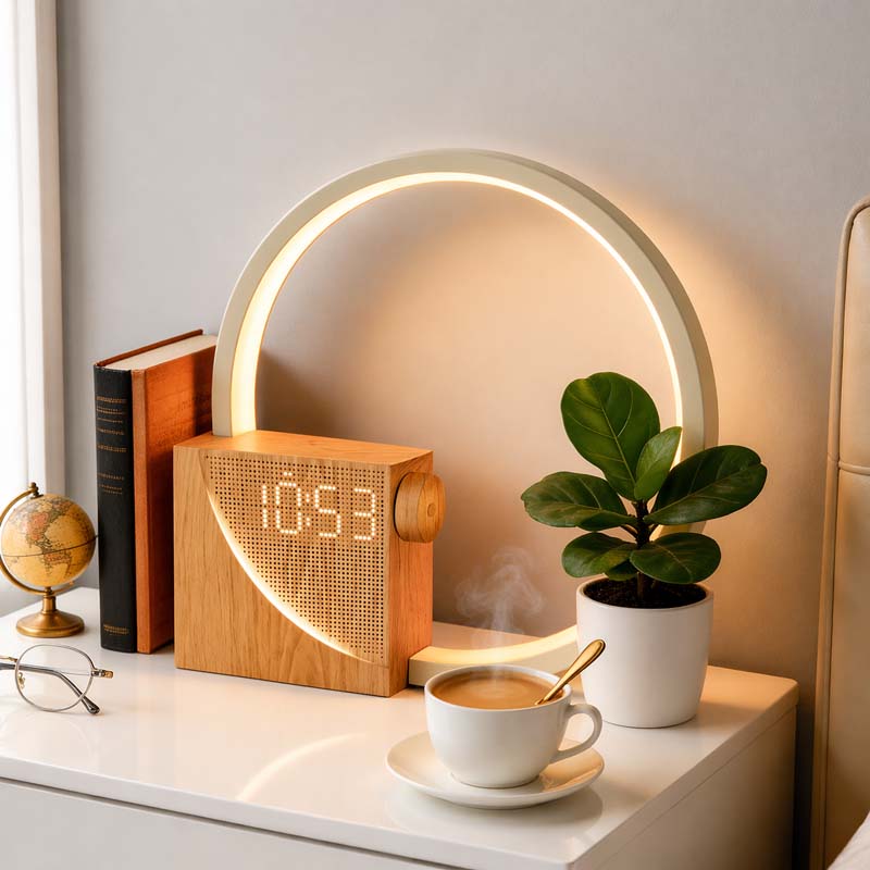 Smart bedside lamp with sunrise alarm and natural sounds