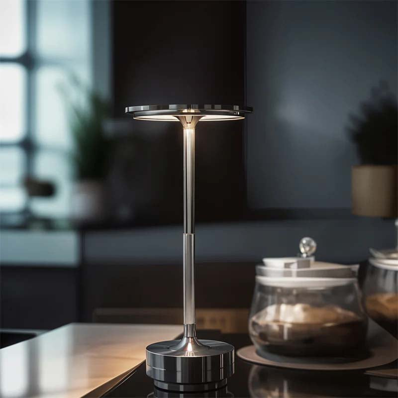 Modern table lamp on a wooden surface with a blurred background