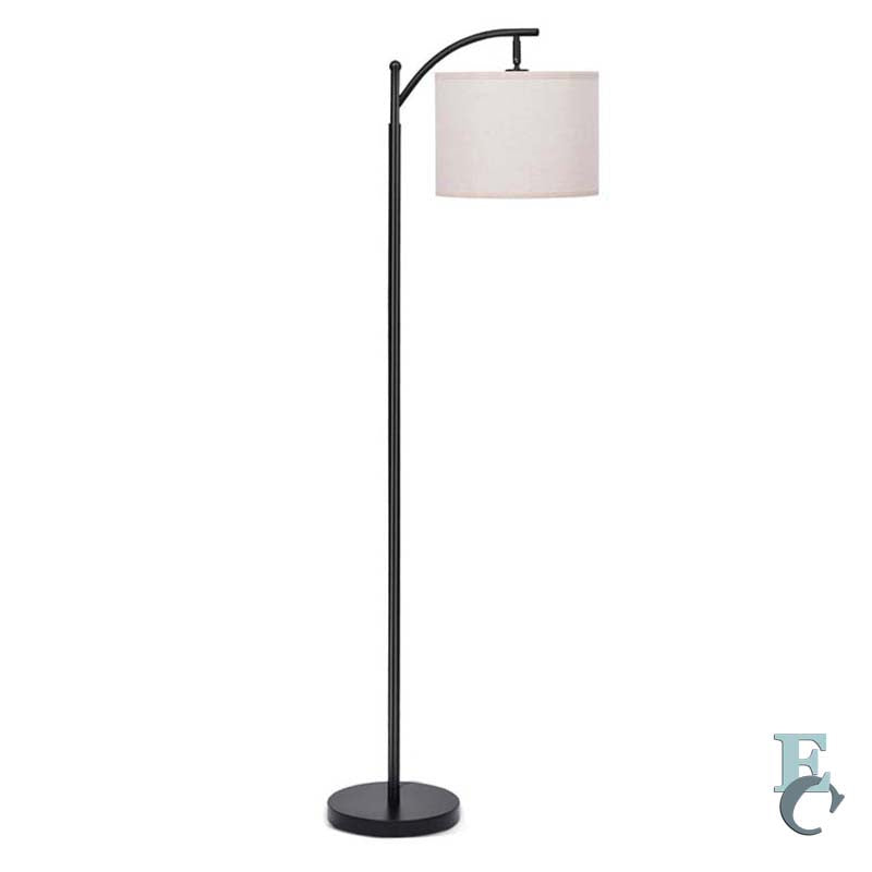 Black arc floor lamp with a white shade on a white background