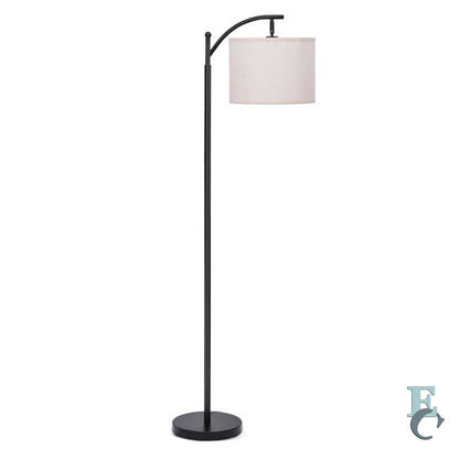 Black arc floor lamp with a white shade on a white background