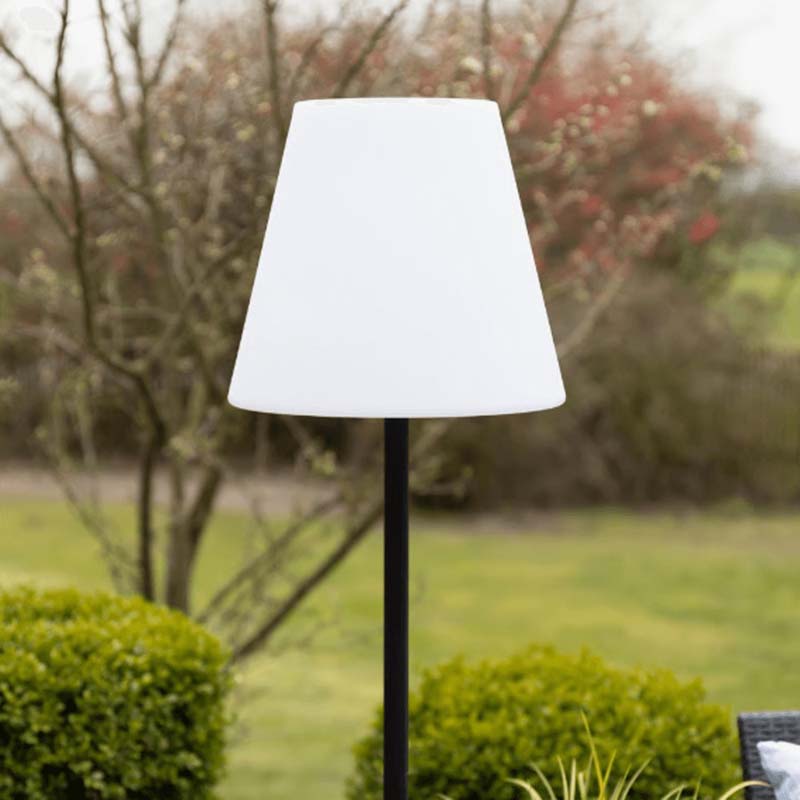 Enlarged white lampshade of Solar RGB Floor Lamp against a garden background
