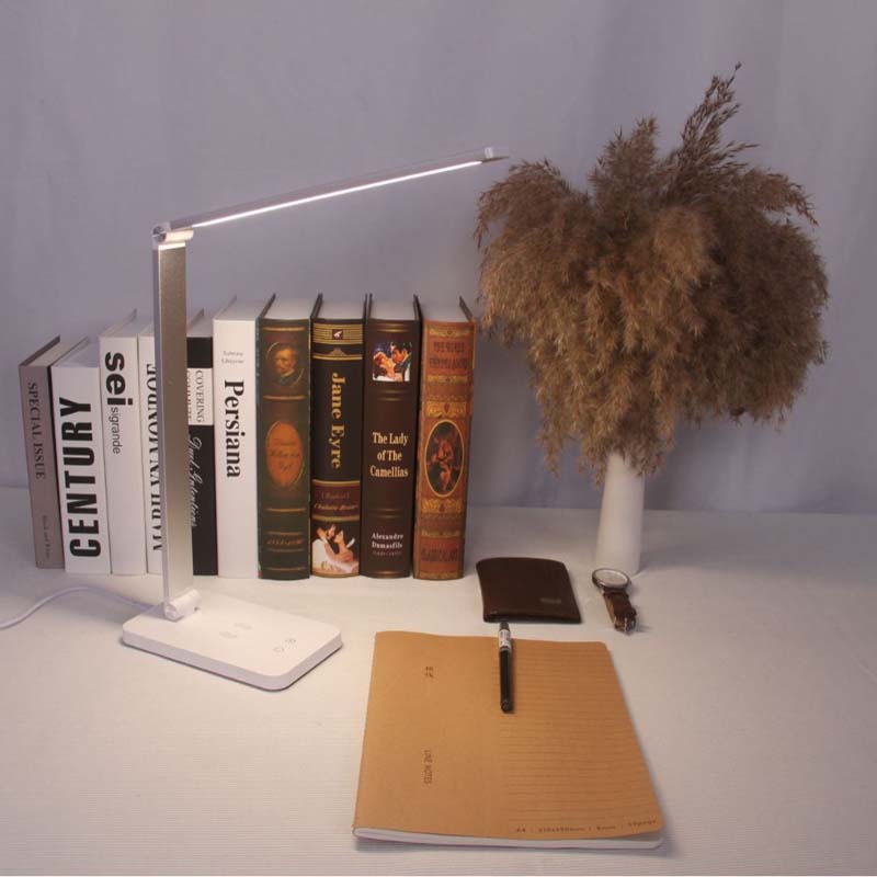 Desk setup with books, a lamp, a notebook, and a plant on a white surface.