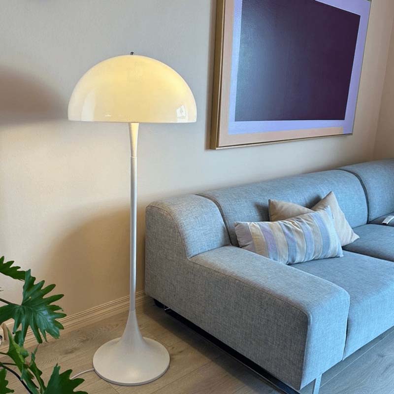 Floor lamp in the living room, with a gray sofa and a framed painting on the wall.