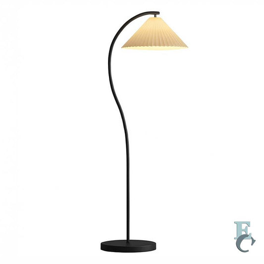 Floor lamp with a curved black arm and beige lampshade on a white background