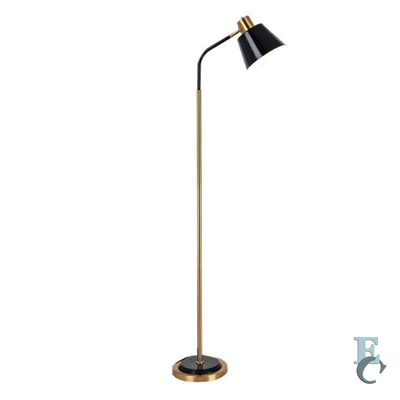 Floor lamp with black shade and gold base on a white background