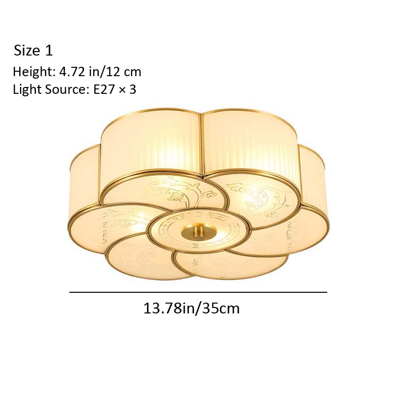 Ceiling light fixture with dimensions and light source details on a white background
