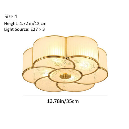 Ceiling light fixture with dimensions and light source details on a white background