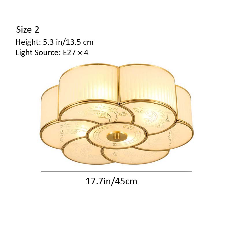 Ceiling light fixture with dimensions and light source details on a white background