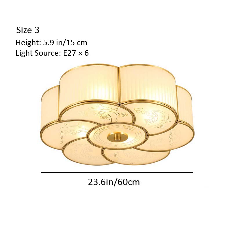 Ceiling light fixture with dimensions and light source details on a white background