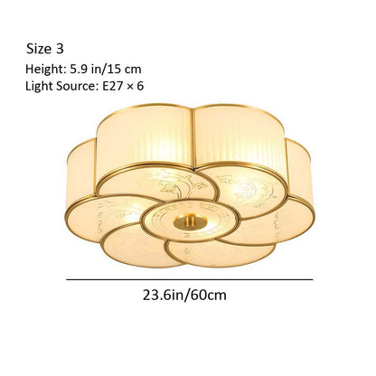 Ceiling light fixture with dimensions and light source details on a white background