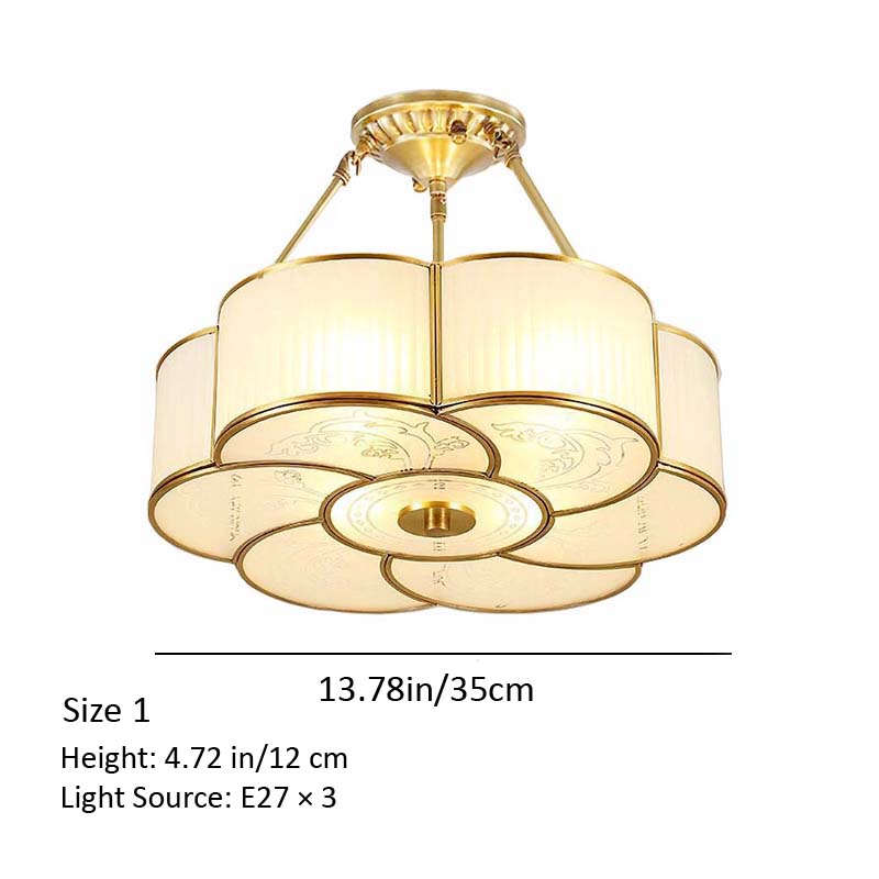 Ceiling light fixture with gold finish and beige lampshades on a white background