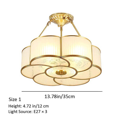 Ceiling light fixture with gold finish and beige lampshades on a white background