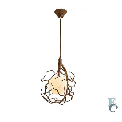 Decorative pendant light with natural wood design on a white background