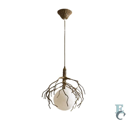 Pendant light fixture with natural branch design on a white background