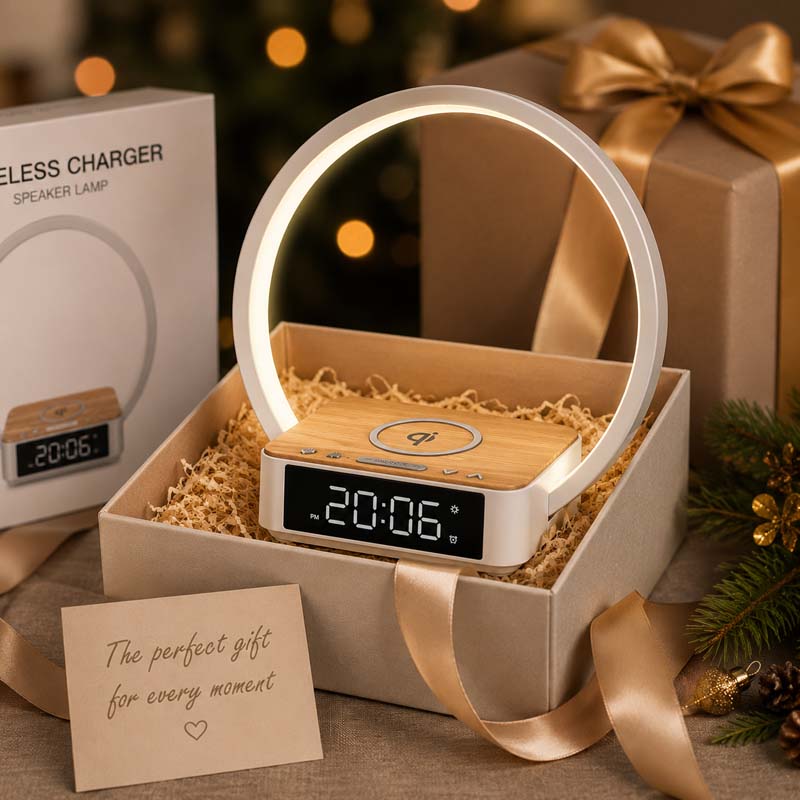 GlowWake wake-up light and wireless charger designed as a stylish modern gift for comfort, relaxation, and cozy bedroom decor.