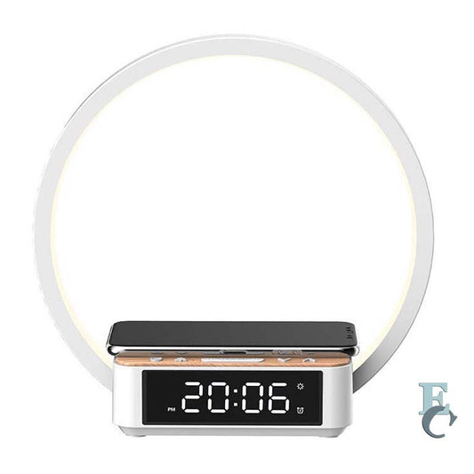 Modern alarm clock with digital display and circular light on a white background