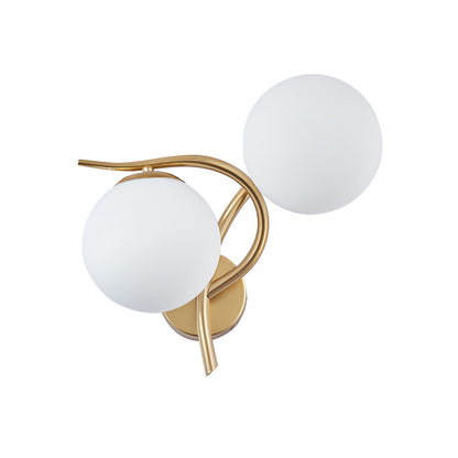 Wall sconce with two white globe lights on a white background