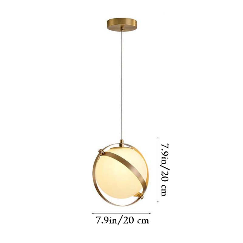 Gold pendant light with measurements on a white background