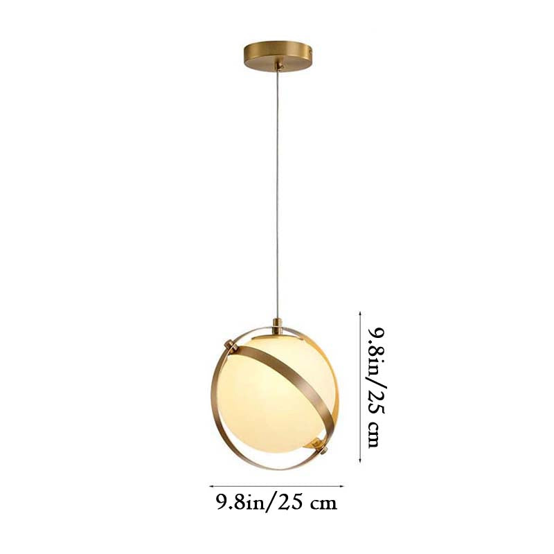 Pendant light with dimensions indicated on a white background