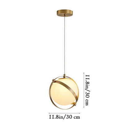 Modern pendant light with gold accents and measurements on a white background