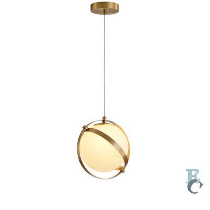 Golden Framed Globe Pendant with gold trim and glass shade on a white background.