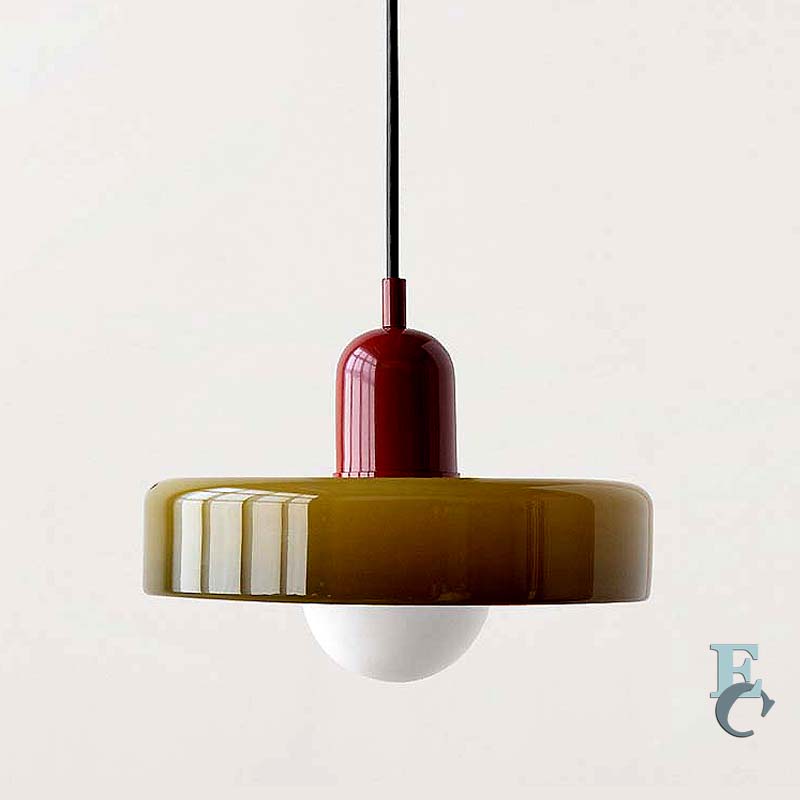 Pendant light with a brown shade and red fixture on a beige background