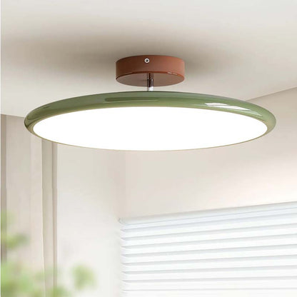 Ceiling light fixture with a green shade and brown base in a room with window blinds.