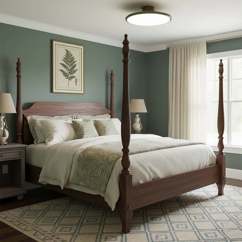 Ceiling light in a bedroom interior with a wooden canopy bed, green walls and framed paintings.