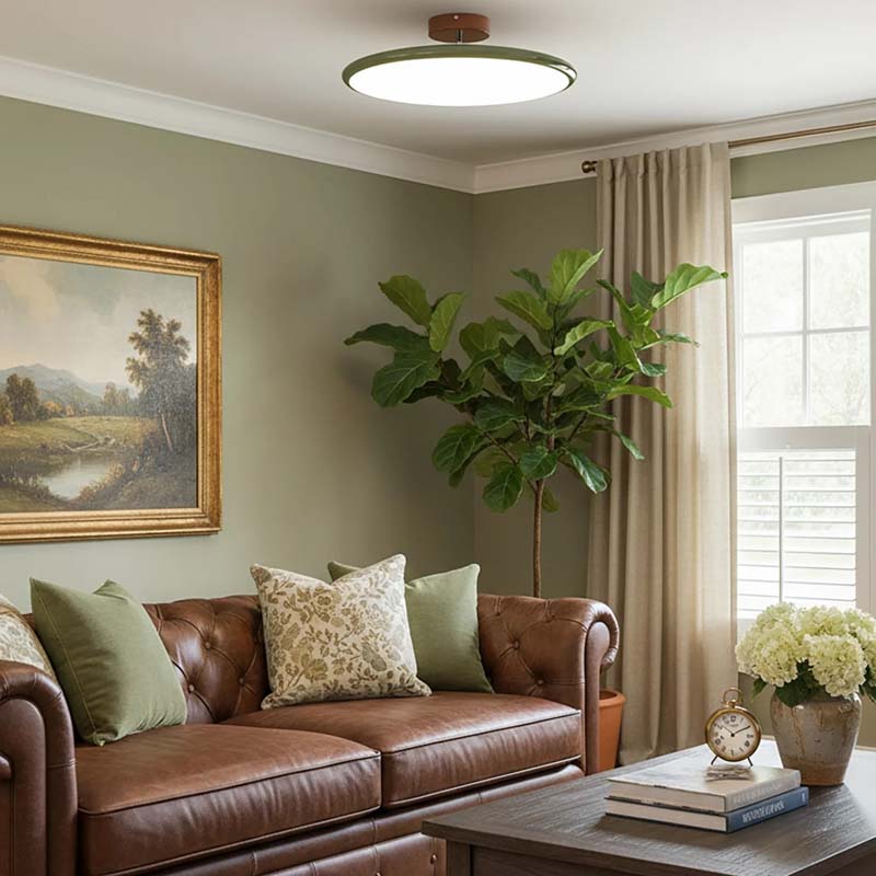 Ceiling light in a living room interior with a brown leather sofa, throw pillows and a potted houseplant.