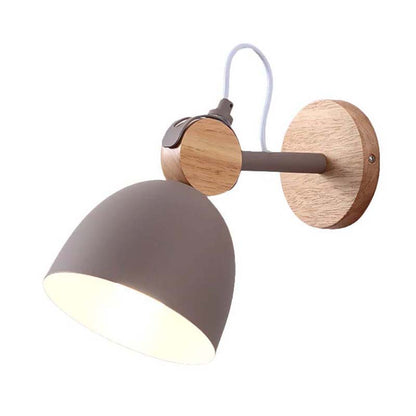 Wall-mounted lamp with wooden fixture and gray shade on a white background