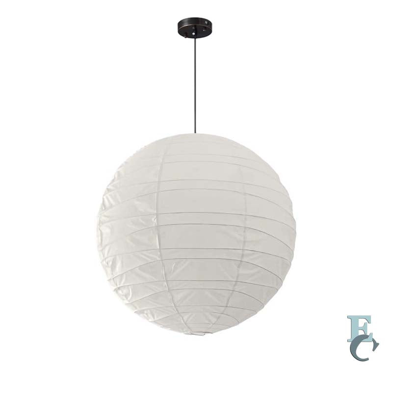 Hanging round paper lantern-style pendant light with thin horizontal lines.