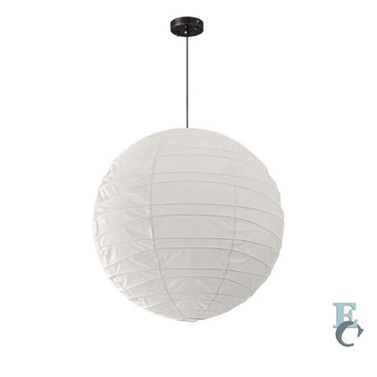 Hanging round paper lantern-style pendant light with thin horizontal lines.