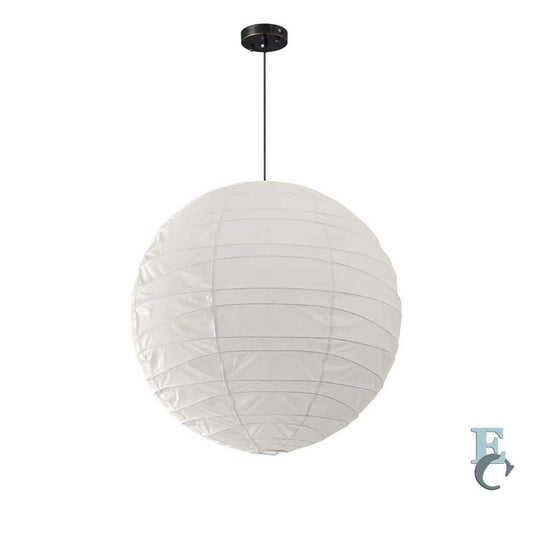 Hanging round paper lantern-style pendant light with thin horizontal lines.