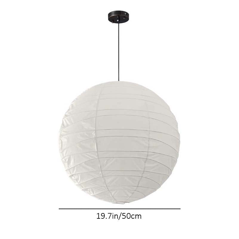 White spherical pendant light with black fixture on a white background