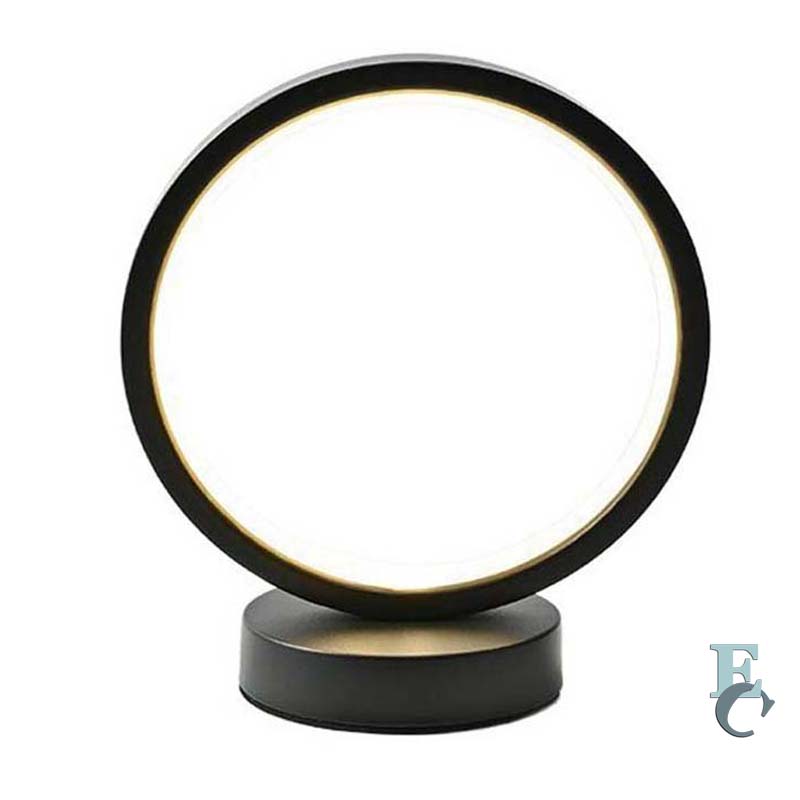 Modern black LED ring table lamp on white background