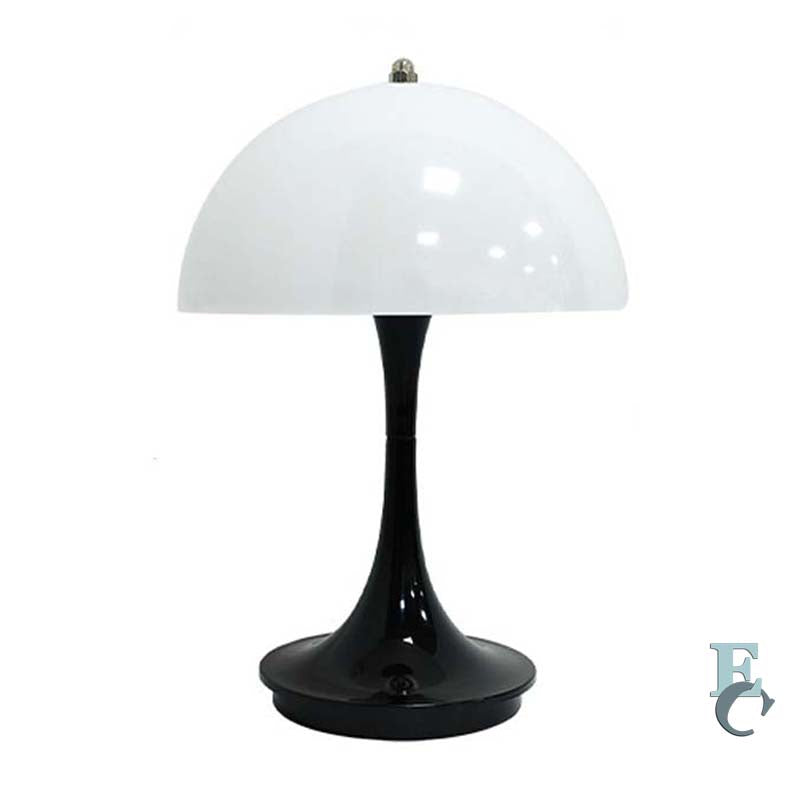 Table lamp with white shade and black base on a white background