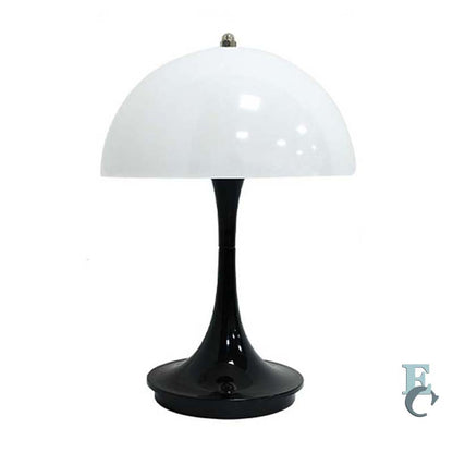 Table lamp with white shade and black base on a white background