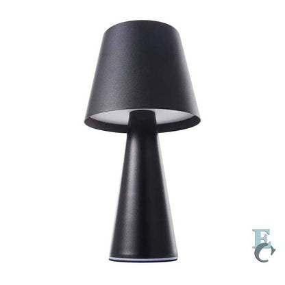 Black table lamp with a conical base and cylindrical shade on a white background