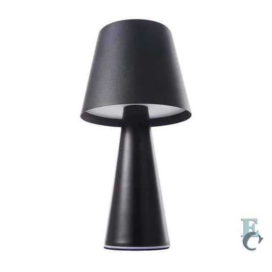 Black table lamp with a conical base and cylindrical shade on a white background