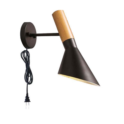 Wall-mounted lamp with black shade and wooden accent on a white background