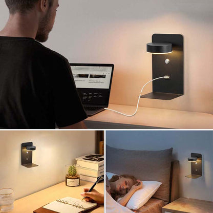 Wall-mounted lamp with USB cable connected to a laptop, used in various settings including a desk and bedroom.
