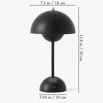 Black table lamp with measurements on a white background
