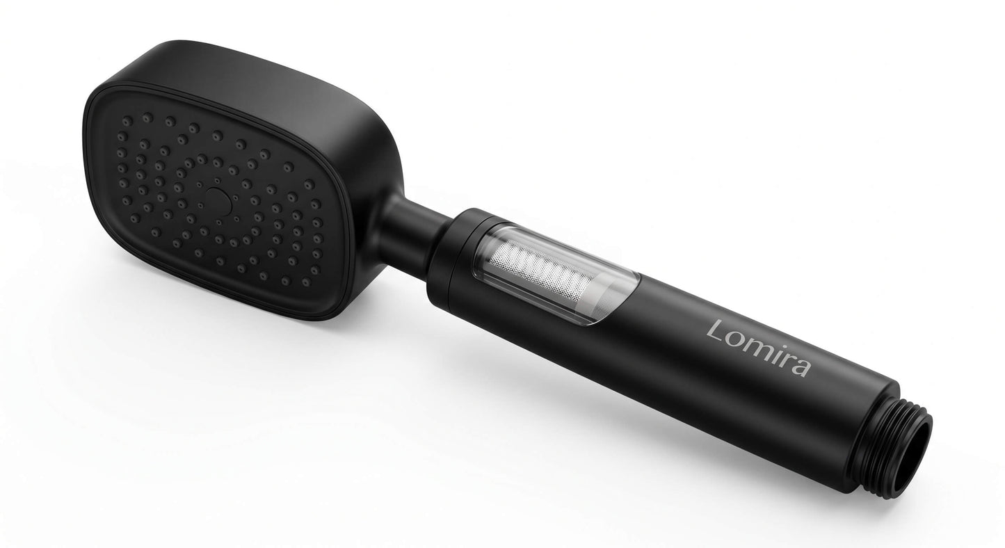Black handheld shower head with 'Lomira' branding on a white background