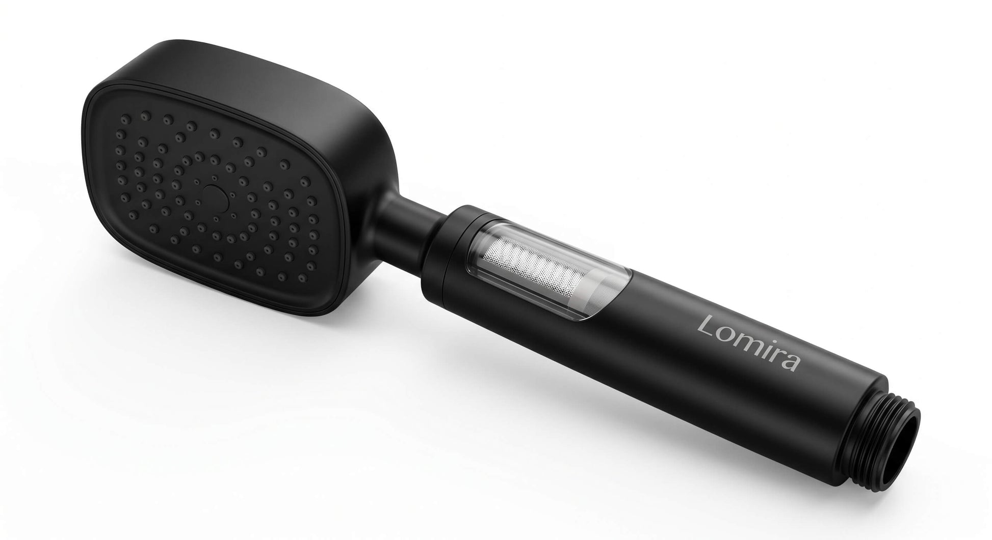 Black handheld shower head with 'Lomira' branding on a white background