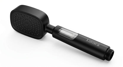 Black handheld shower head with 'Lomira' branding on a white background
