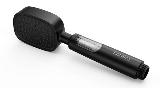 Black handheld shower head with 'Lomira' branding on a white background